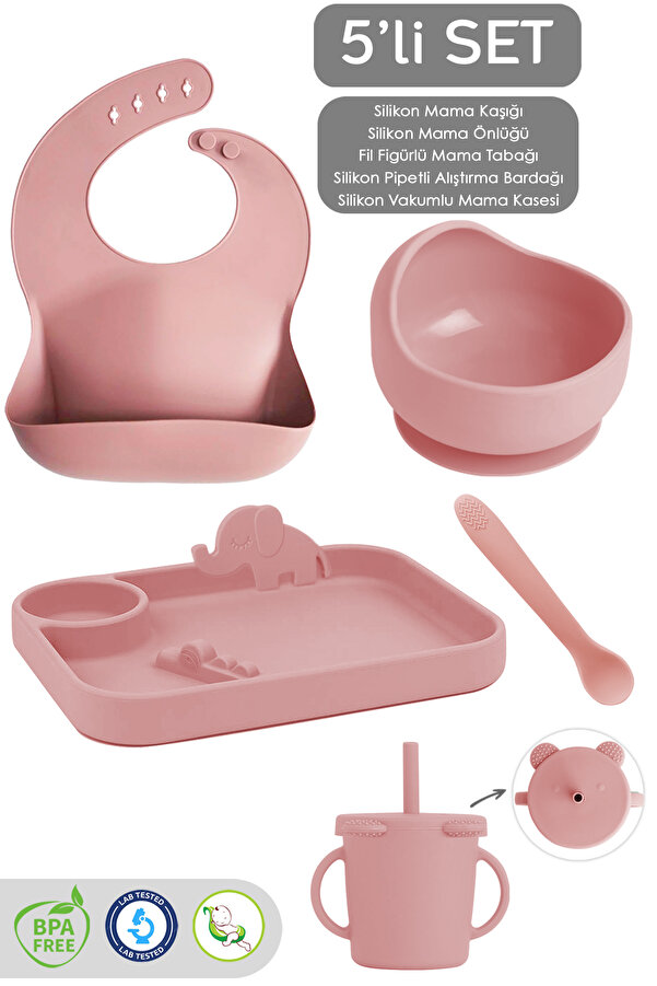 Meleni Baby 5'li Silikon Beslenme Seti - Bebek Mama Önlüğü - Tabak - Vakumlu Kase - Pipetli Bardak - Kaşık-Pembe