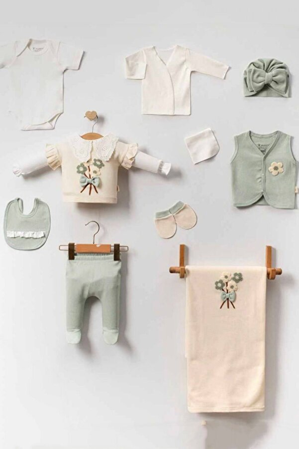 Cherub Baby Fisto Yakalı Süzene Çiçek Demeti %100 Pamuk Yenidoğan Kız Bebek 10 Parça Hastane Çıkışı Zıbın Seti