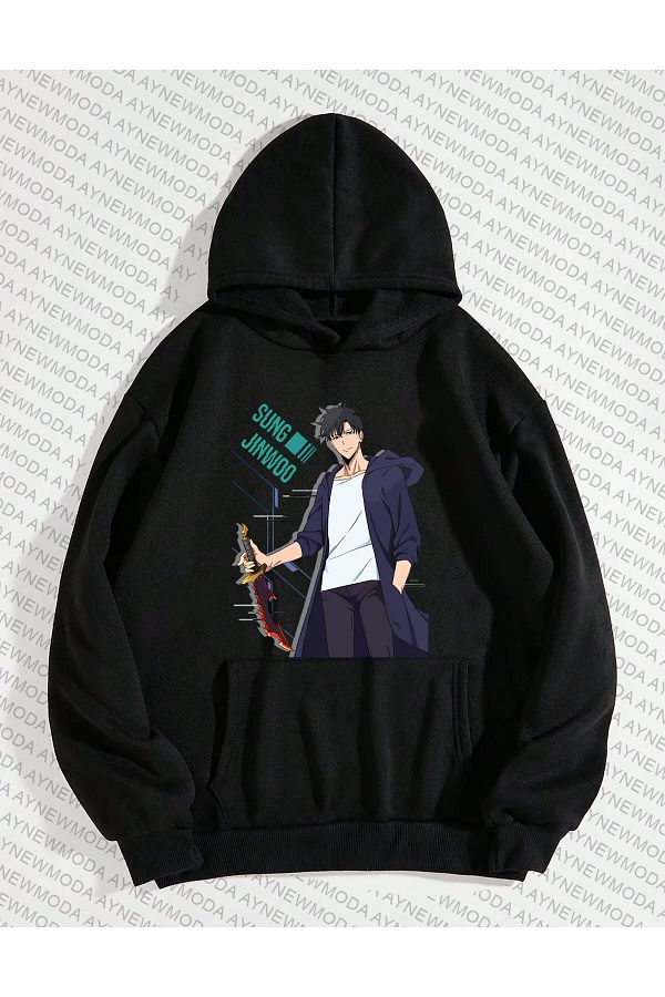 aynewmoda-Sung Jin Woo Solo Leveling Anime Crew Neck Unisex Oversize Hooded Sweatshirt 1