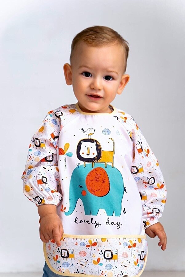 Cherub Baby Sevimli Fil Ve Aslan Erkek Kollu Cepli Önlük Su Geçirmez Aktivite Mama Önlüğü