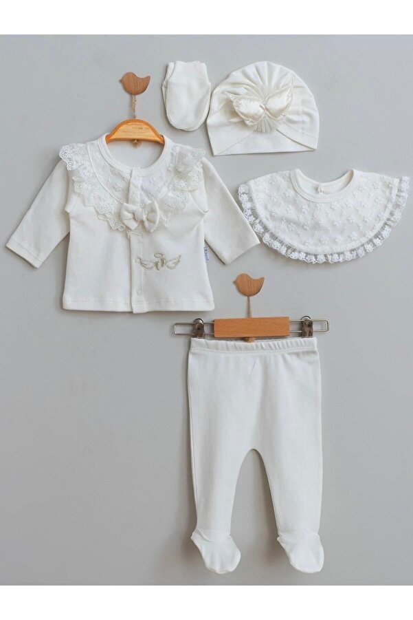 Cherub Baby Fistolu Melek Kanatlı %100 Pamuk Yenidoğan Kız Bebek 5 Parça Hastane Çıkışı Zıbın Seti