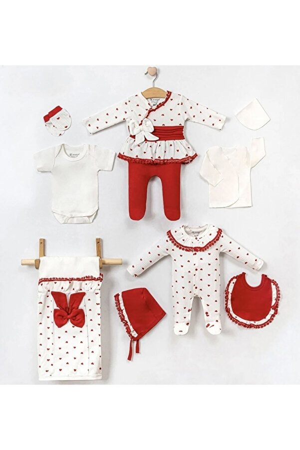 Cherub Baby Kalpli Dantelli %100 Pamuk Yenidoğan Kız Bebek 10 Parça Hastane Çıkışı Zıbın Seti