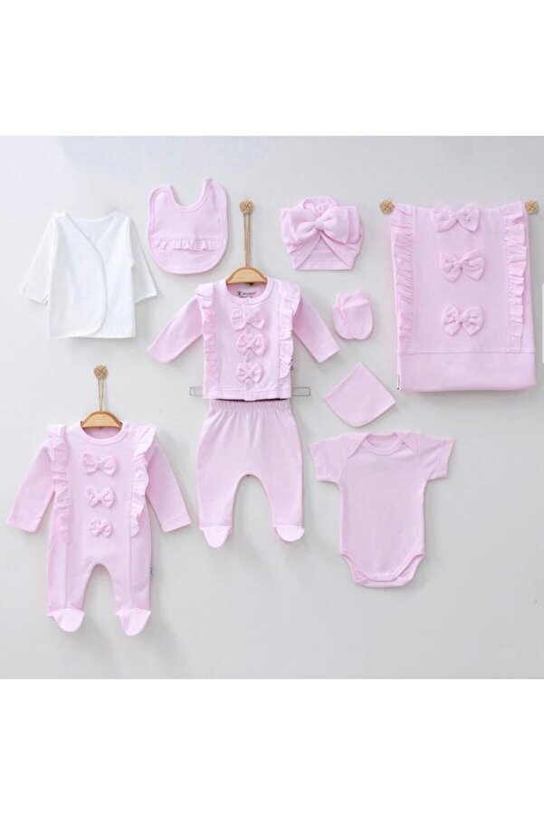 Cherub Baby Natural Fiyonklu Fırfırlı Tulumlu Pamuk Yenidoğan Kız Bebek 10 Parça Hastane Çıkışı Zıbın Seti