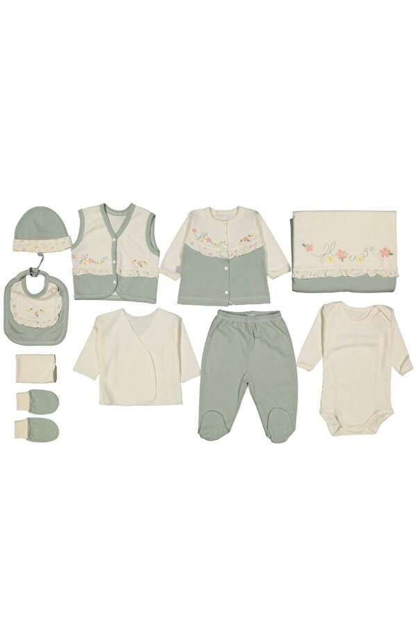 Cherub Baby Flower Çiçek Nakışlı %100 Pamuk Yenidoğan Kız Bebek 10 Parça Hastane Çıkışı Zıbın Set