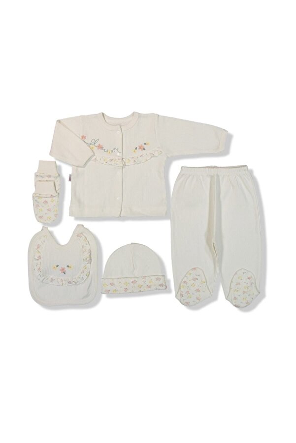 Cherub Baby Flower Çiçek Nakışlı %100 Pamuk Yenidoğan Kız Bebek 5 Parça Hastane Çıkışı Zıbın Seti