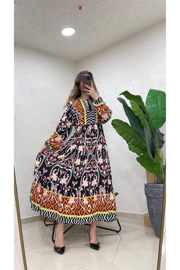 ZF BUT K V Neck Patterned Tied Long Dress Trendyol