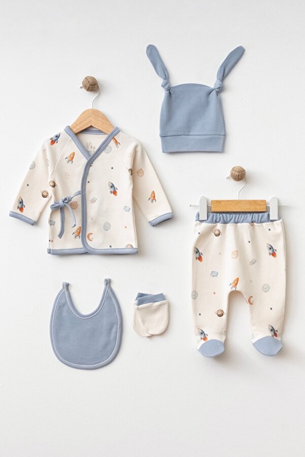 BABYLİM Erkek Bebek Hastane Çıkışı Uzay Baskılı Yandan Bağlamalı %100 Pamuk 5 Li Yeni Doğan Seti 0-3ay