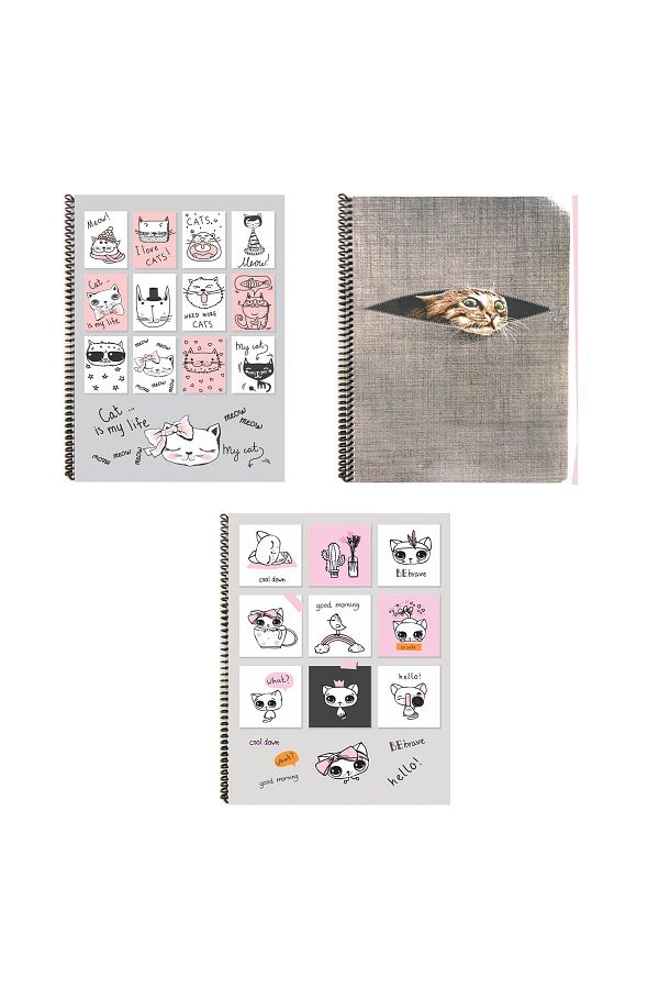 FLY COLOR-A4 Cat Patterned 96 Sheets Checked Spiral Notebook Set - 3 Pieces 1