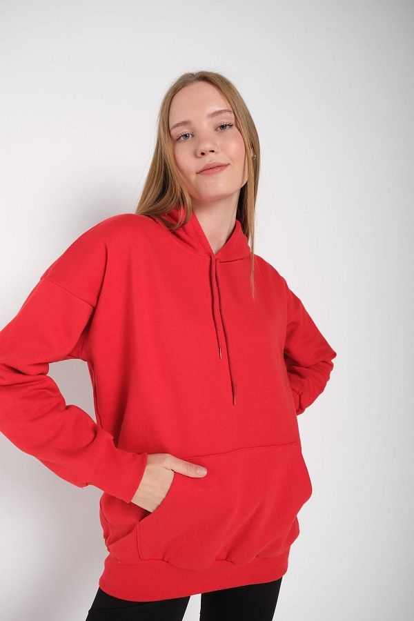 MODAGEN Women s Red Solid Color Hooded Oversize Sweatshirt Trendyol