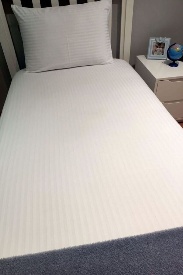 Tekstil Home-Luxury Hotel Series White Striped Cotton Satin Elastic Fitted Bed Sheets for Single & Double 1