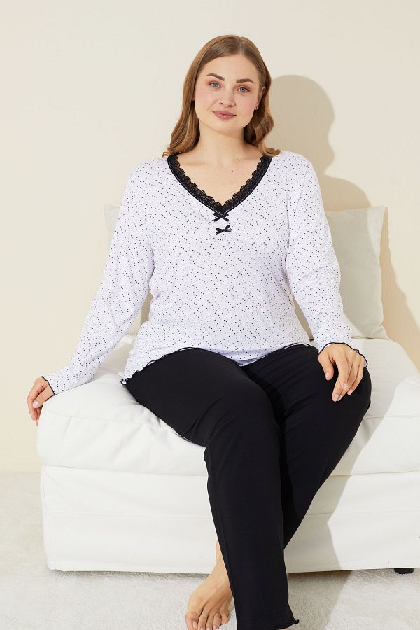 Siyah İnci-Plus Size White Point Patterned Cotton Curve Pajama Set - 24240654 1