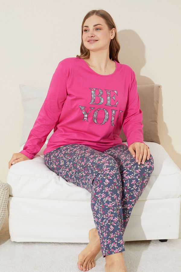 Siyah İnci-Plus Size Fuchsia Printed Cotton Curve Pajama Set - 24240626 1