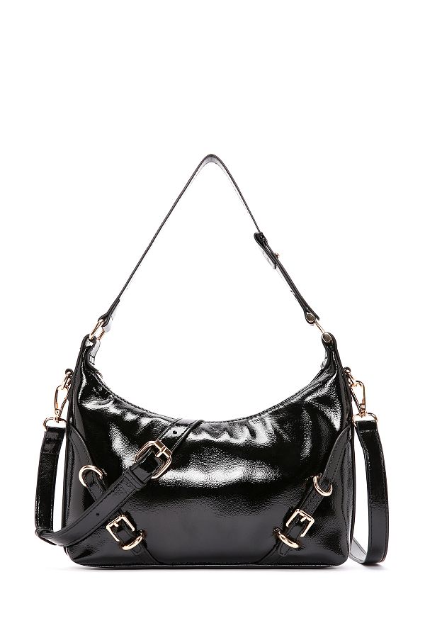 Derimod Black Patent Leather Shoulder Bag Long Strap Women 24sbd 283716 Trendyol