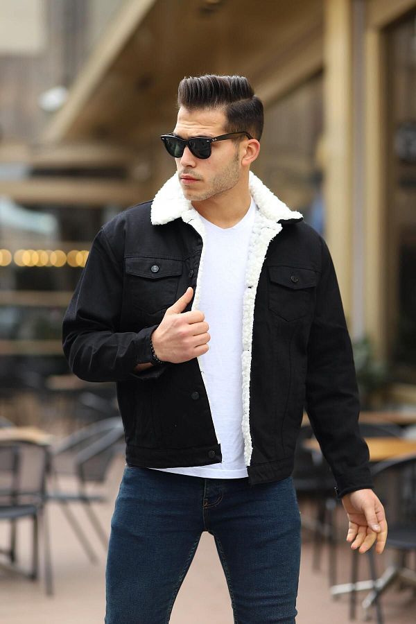 Black fur lined denim jacket online