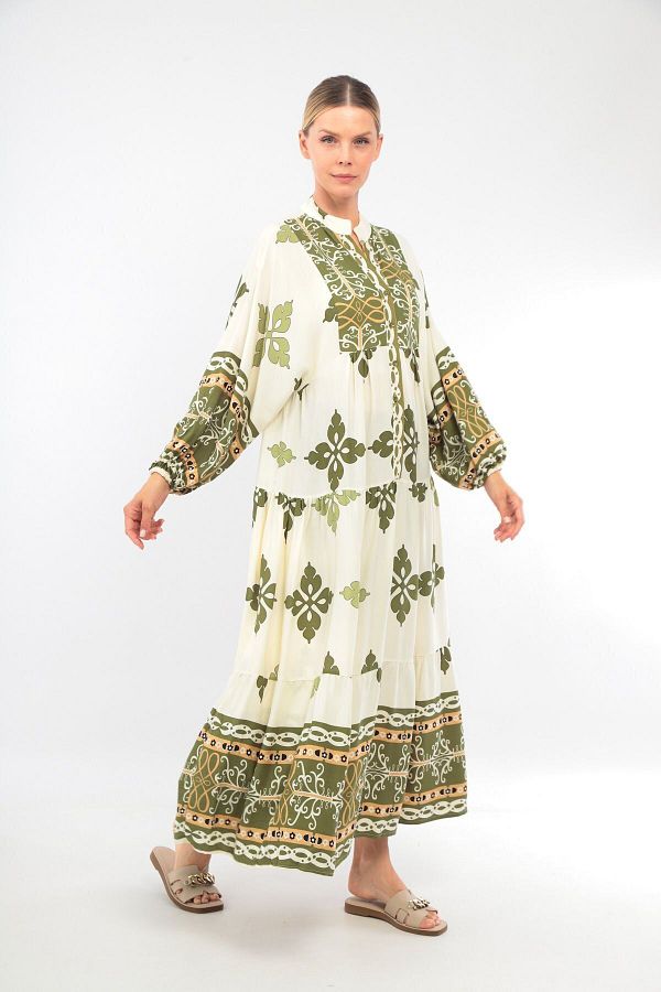 soBasic-Πράσινο Oversize Judge γιακά μακρυμάνικο φόρεμα βαμβακερή βισκόζη με σχέδιο - 100% χαλαρό 1