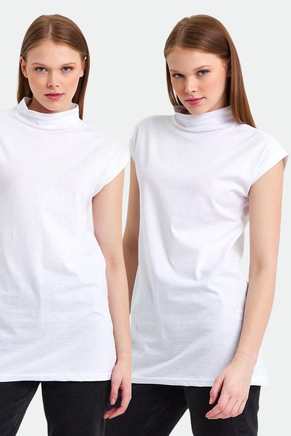 CrazyShopping-Black and White 2-Piece Knitted Cotton Stand Collar Tunic Set 1