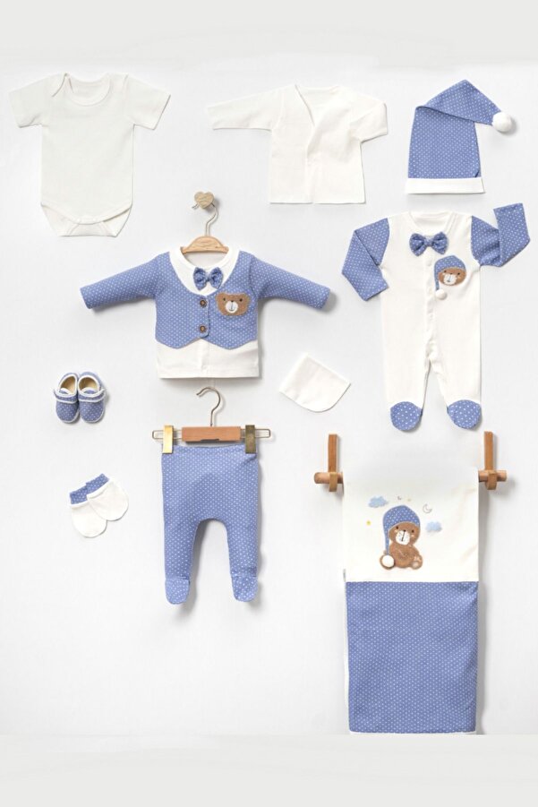 Cherub Baby Papyonlu Uykucu Ayıcık Tulumlu %100 Pamuk Yenidoğan Erkek Bebek 10 Parça Hastane Çıkışı Zıbın Seti