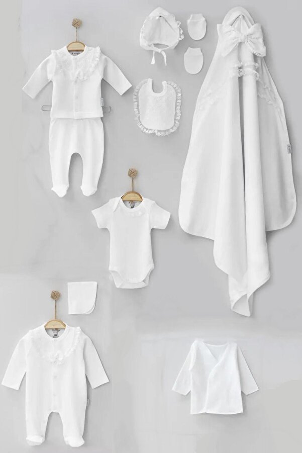 Cherub Baby Natural Fiyonklu Dantelli %100 Pamuk Yenidoğan Kız Bebek 10 Parça Hastane Çıkışı Zıbın Seti