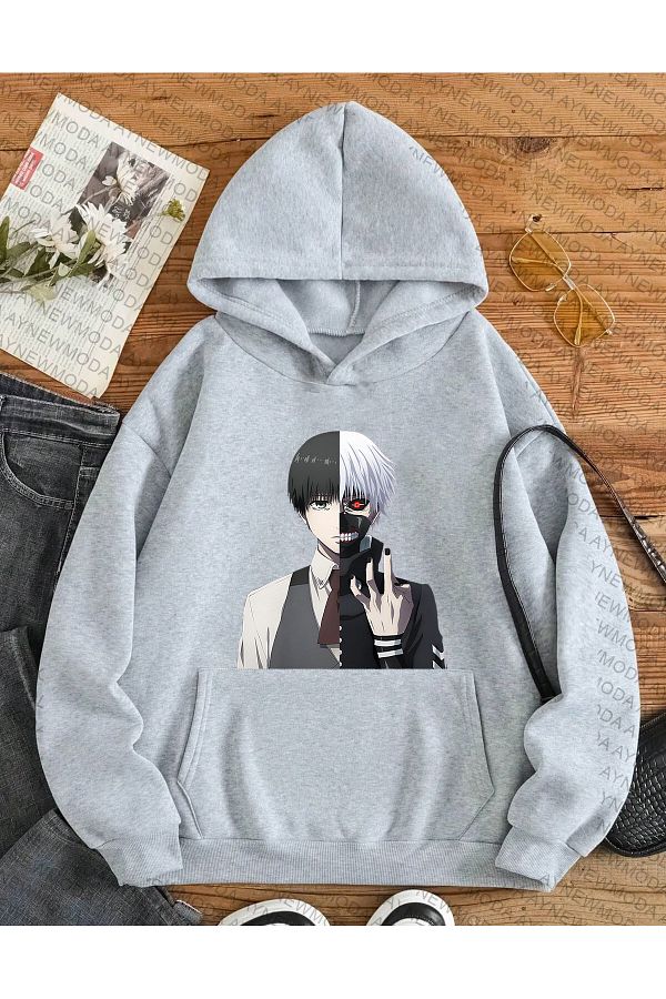 aynewmoda Tokyo Ghoul Anime Patterned Unisex Hooded Oversize Sweatshirt Crew Neck Trendyol
