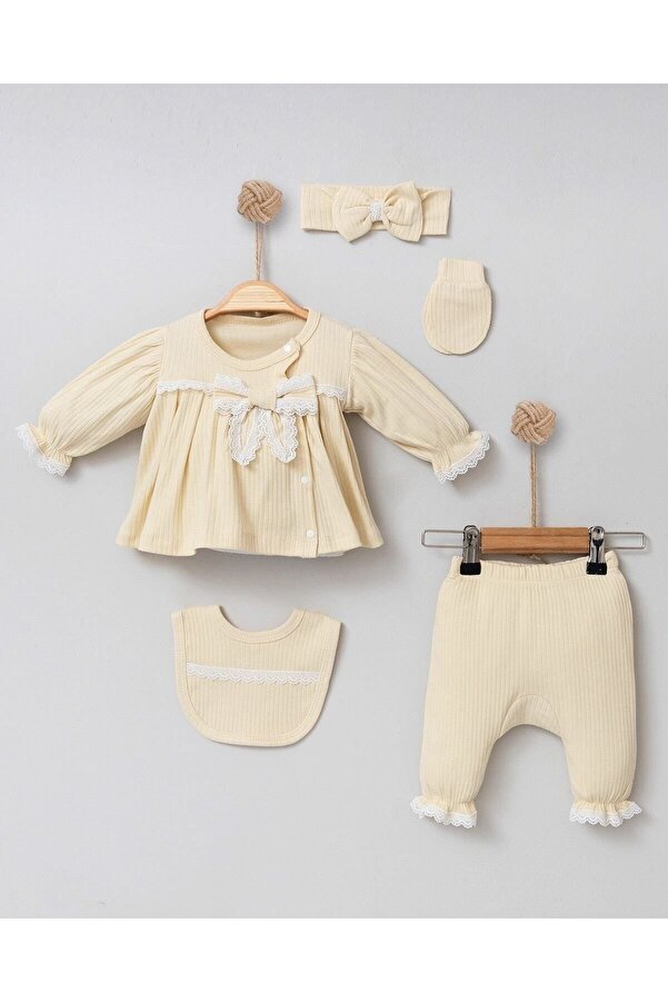 Cherub Baby Fransız Güpürlü Fitilli Kumaş %100 Pamuk Yenidoğan Kız Bebek 5 Parça Hastane Çıkışı Zıbın Set