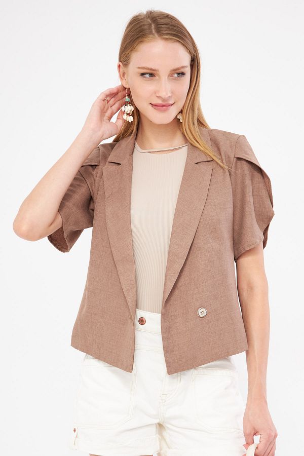 armonika Dark Mink Crop Short Sleeve Jacket Slit Detail ARM 24Y 001048 Trendyol