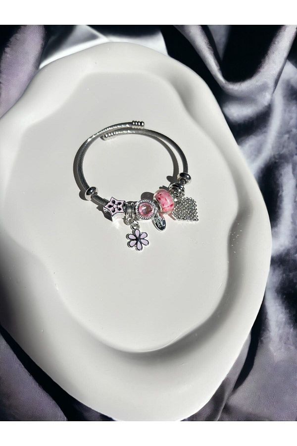 MUTENA-Pink Flower Patterned - Heart and Star Charm Bracelet with Accessory 1