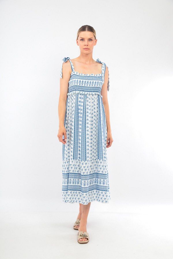 soBasic-Blue-white Patterned Viscose Dress with Adjustable Straps 1