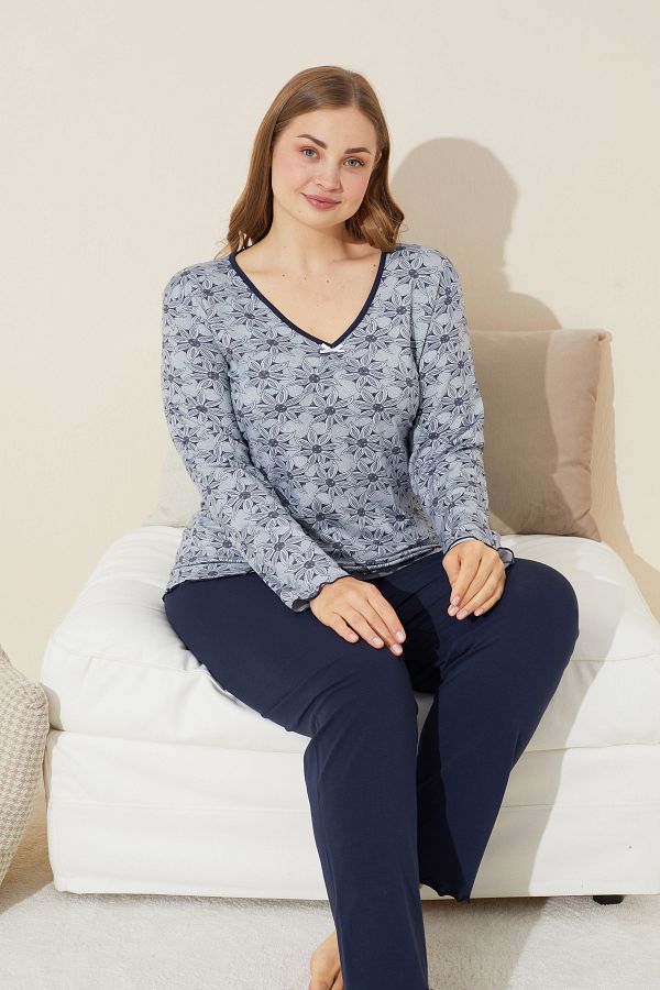 Siyah İnci-Plus Size Gray Floral Patterned Cotton Curve Pajamas Set - 24240645 1