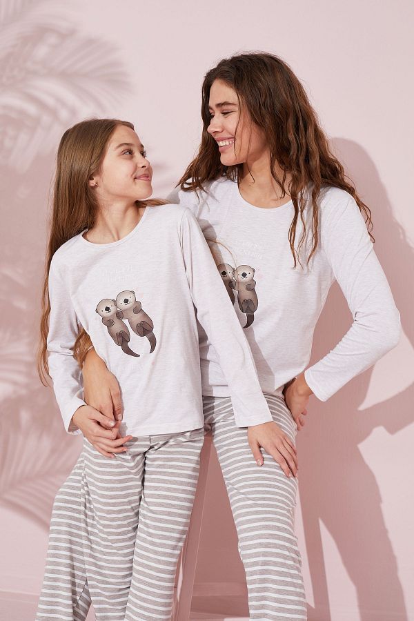 Siyah İnci-Cotton Gray Knitted Pajama Set - 24241110 1