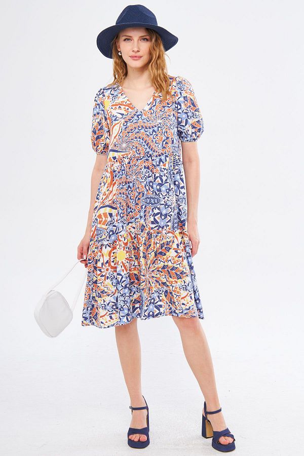 armonika-Oranges Damenkleid mit V-Ausschnitt und kurzen Ärmeln und gemustertem Rüschenmuster ARM-24Y001014 1