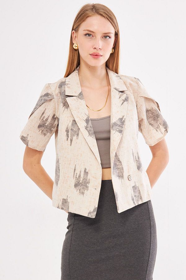 armonika Smoked Linen Patterned Women s Crop Jacket with Slits ARM 24Y001095 Trendyol