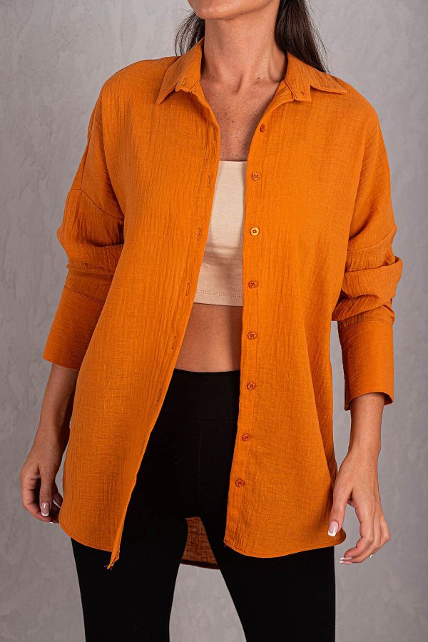 armonika-Women's Orange Oversize Textured Linen Look Wide Cuff Shirt Arm-24k001001 1