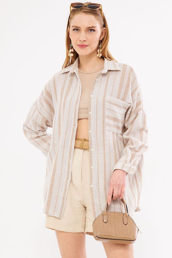 armonika-Mink színű női oversize ing - hosszú ujjú, zsebrészlet, redőzött hátú csíkos ARM-24Y001053 1
