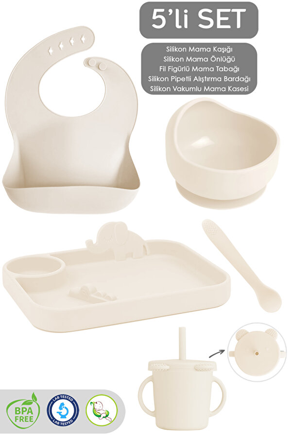 Meleni Baby 5'li Silikon Beslenme Seti - Bebek Mama Önlüğü - Tabak - Vakumlu Kase - Pipetli Bardak - Kaşık-Bej