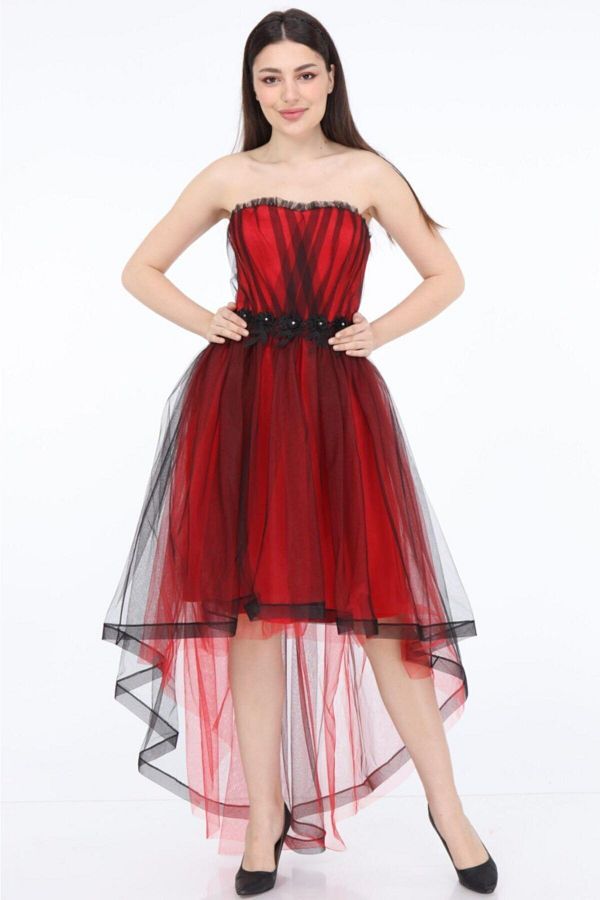 Cristina Women s Red Short Front Long Back Tulle Dress Trendyol
