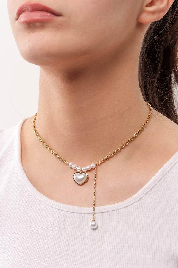 Pikas-Heart Pearl Ring Chain Necklace, Non-Tarnish Steel Necklace 45 cm 1