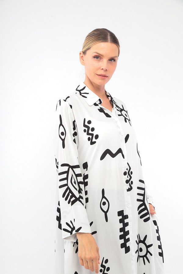 soBasic-White Viscose Shirt Dress - 100% Cotton, Patterned, Buttoned Front and Slit - Std 1