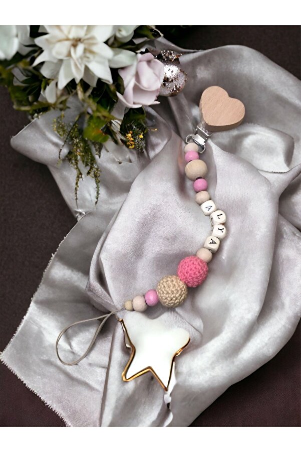 My Kids Room Doğal Ahşap Emzik Zinciri - Isimli Emzik Askısı Ahşap Emzik Zinciri Emzik Tutucu