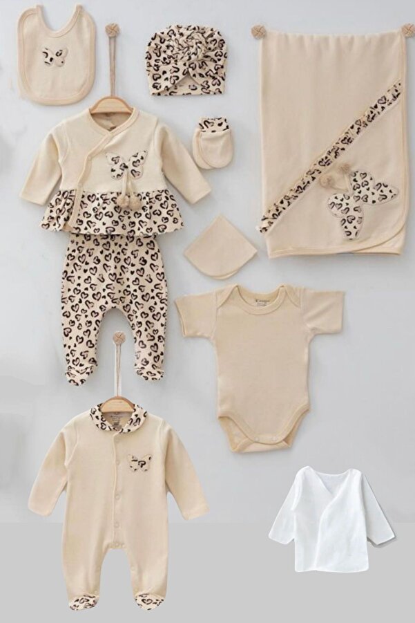 Cherub Baby Kelebekli Leopar Baskılı %100 Pamuk Yenidoğan Kız Bebek 10 Parça Hastane Çıkışı Zıbın Seti