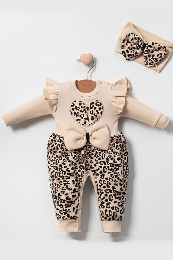 Cherub Baby Leopar Desenli Fiyonklu % 100 Pamuk Kız Bebek Tulum Krem