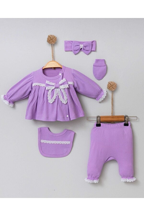 Cherub Baby Fransız Güpürlü Fitilli Kumaş %100 Pamuk Yenidoğan Kız Bebek 5 Parça Hastane Çıkışı Zıbın Set