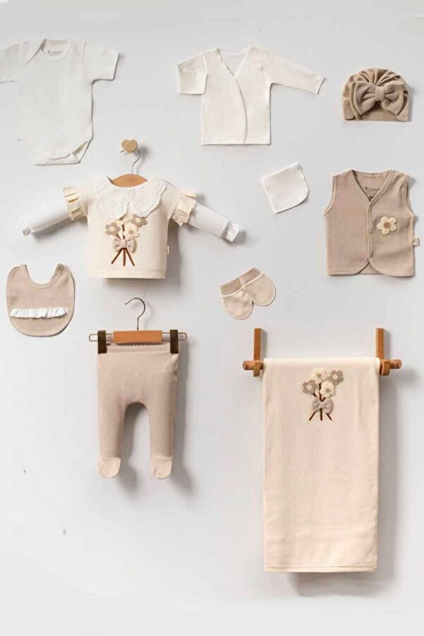 Cherub Baby Fisto Yakalı Süzene Çiçek Demeti %100 Pamuk Yenidoğan Kız Bebek 10 Parça Hastane Çıkışı Zıbın Seti