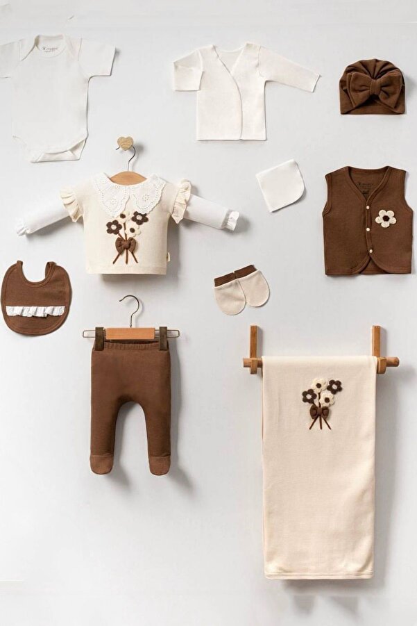 Cherub Baby Fisto Yakalı Süzene Çiçek Demeti %100 Pamuk Yenidoğan Kız Bebek 10 Parça Hastane Çıkışı Zıbın Seti