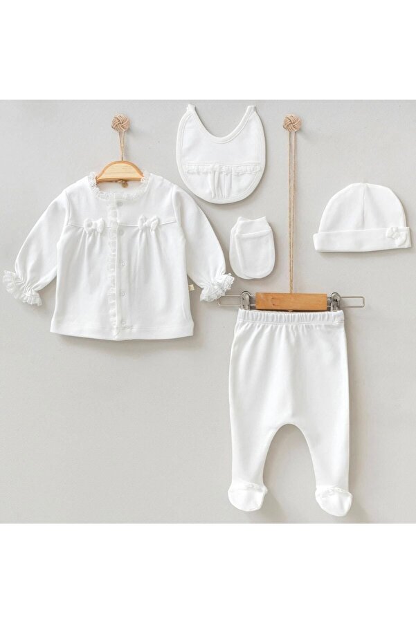 Cherub Baby Pugi Baby Fiyonklu %100 Pamuk Yenidoğan Kız Bebek 5 Parça Hastane Çıkış Zıbın Seti