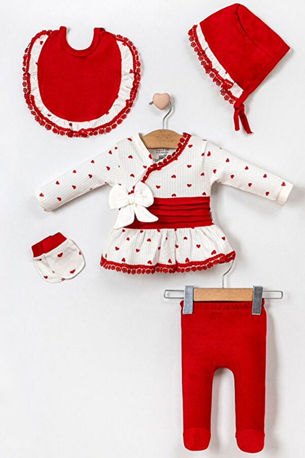 Cherub Baby Kalpli Dantelli %100 Pamuk Yenidoğan Kız Bebek 5 Parça Hastane Çıkışı Zıbın Seti