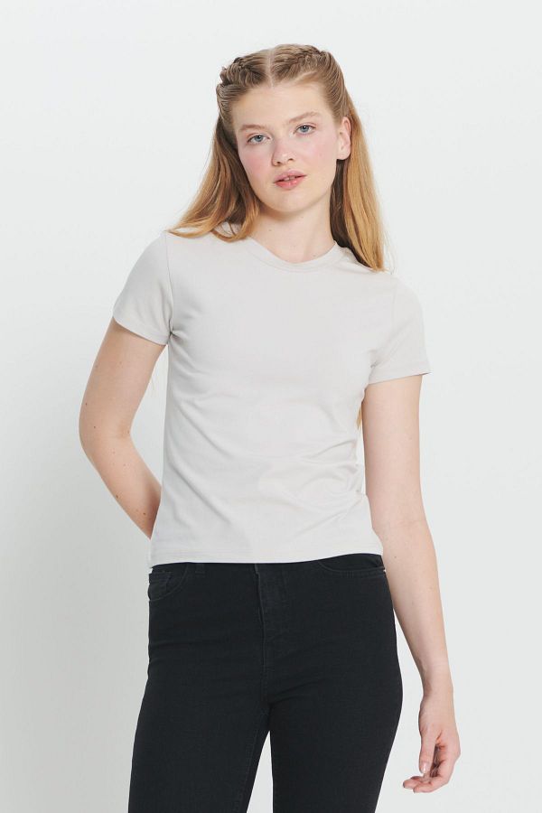 AC&Co / Altınyıldız Classics-Flexible Slim Fit Crew Neck Cotton Women's T-Shirt - Stone 1