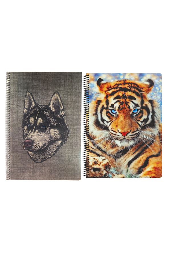 FLY COLOR-A4 Spiral Notebook Set - 96 Sheets Checked Tiger and Wolf Pattern, 2-Piece P.P Cover 1