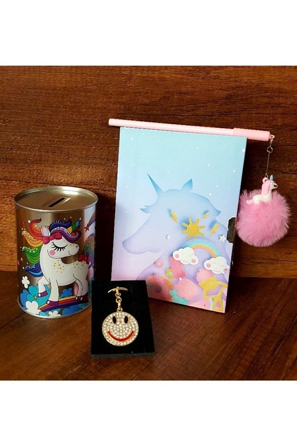 ÇİLEKHOME-Unicorn Locked Souvenir and Diary Notebook Unicorn Plush Pen Piggy Bank-Stone Keychain. 1