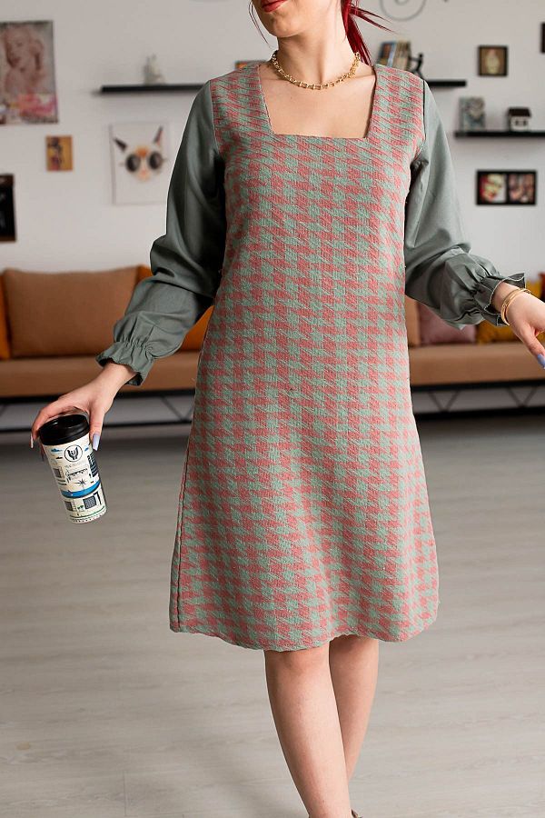 armonika Women s Light Green Plaid Square Collar Long Sleeve Dress Arm 22y001182 Trendyol