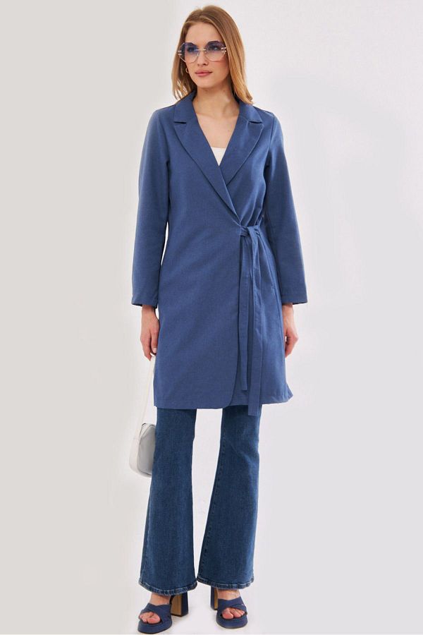 armonika Women s Dark Blue Side Tie Long Coat ARM 24Y001019 Trendyol